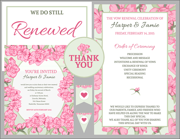 Pink Rose with Green Accents Vow Renewal Invitation