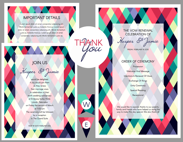 Preview of Abstract Colorful Geometeric Vow Renewal Invitation Suite