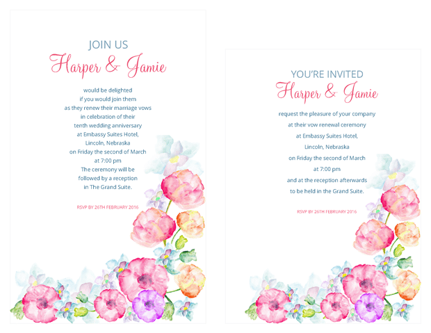 Invitation - Watercolor Flowers Vow Renewal Invitation Suite
