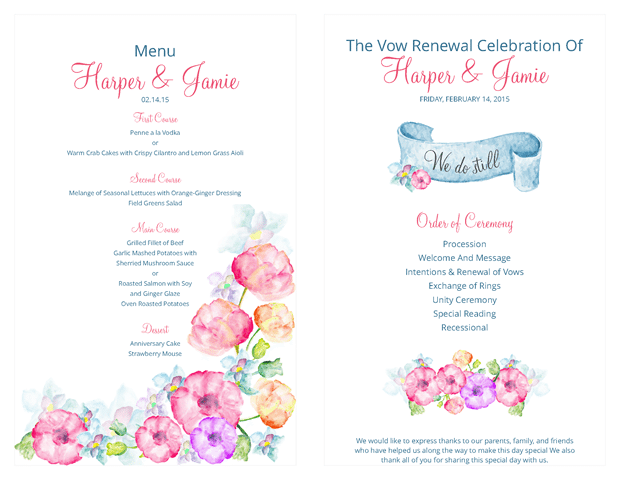 Ceremony Program and Menu - Watercolor Flowers Vow Renewal Invitation Suite