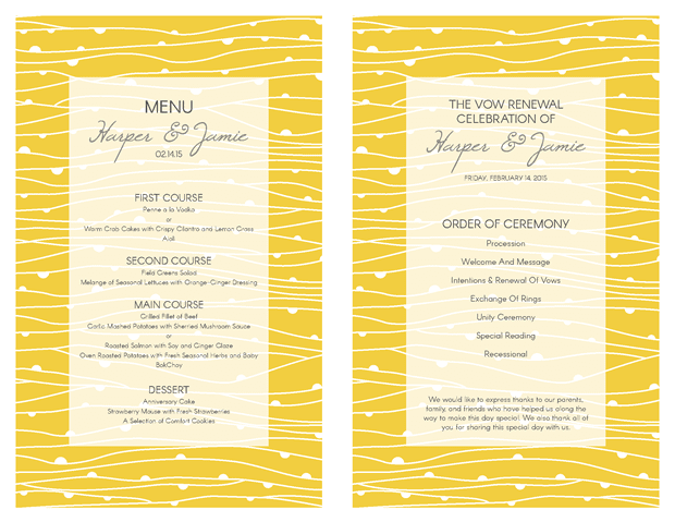 Ceremony Program and Menu - Yellow Lines Vow Renewal Invitation Suite