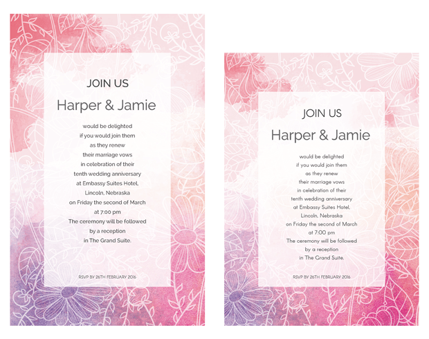 Pink and Purple Watercolor Sketch Vow Renewal Invitation Suite