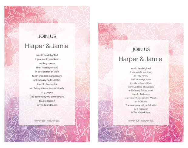 Pink and Purple Watercolor Sketch Vow Renewal Invitation Suite
