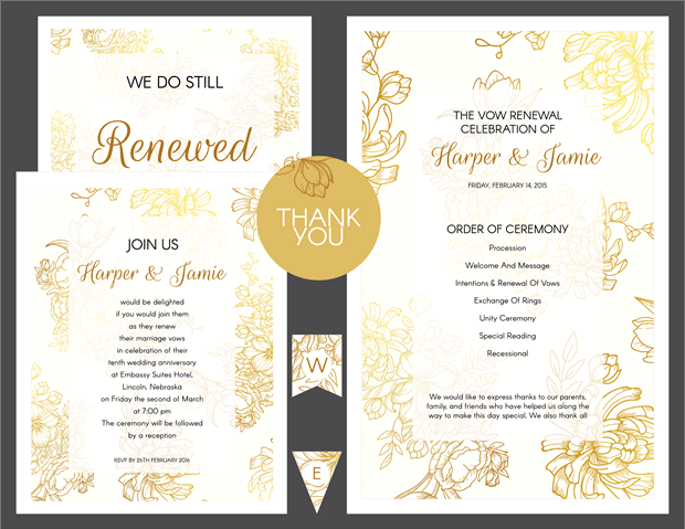 Preview of Gold Floral Vow Renewal Invitation Suite