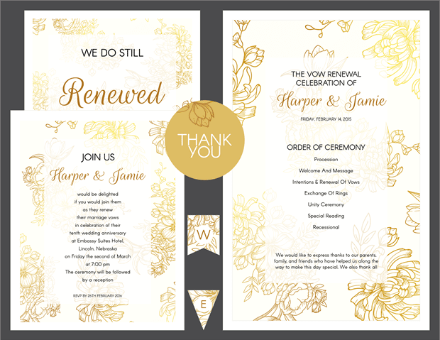 Gold Floral Vow Renewal Invitation