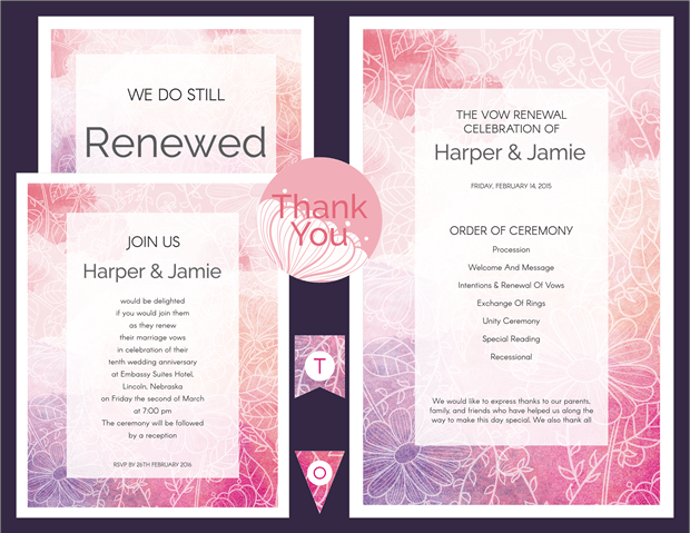 Pink and Purple Watercolor Sketch Vow Renewal Invitation