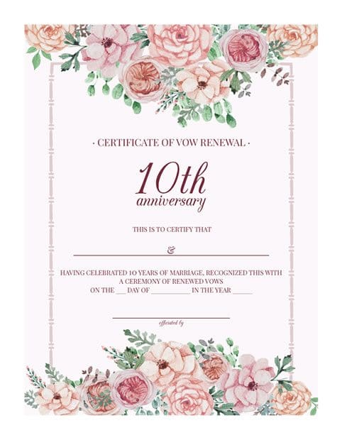 Vintage Floral 10th-Anniversary Vow Renewal Certificate