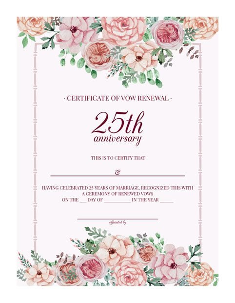 Vintage Floral 25th-Anniversary Vow Renewal Certificate