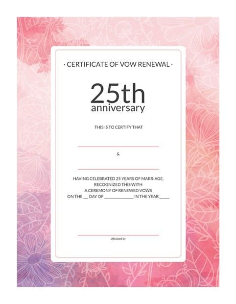 Watercolor 25th-Anniversary Vow Renewal Certificate