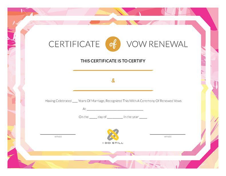 Free Printable Abstract Pink and Yellow Certificate of Vow Renewal