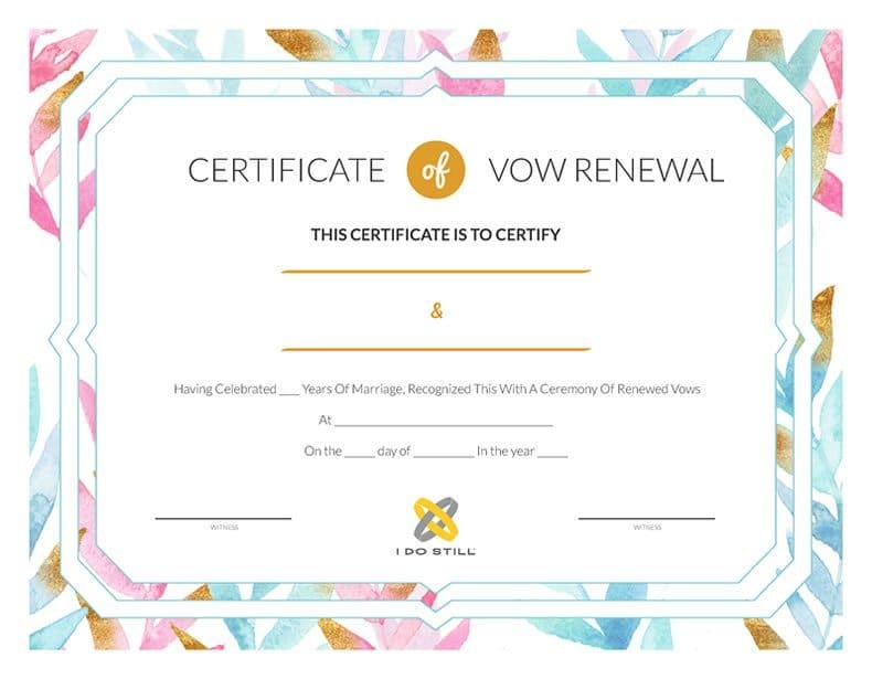 Watercolor Leaves Vow Renewal Certificate