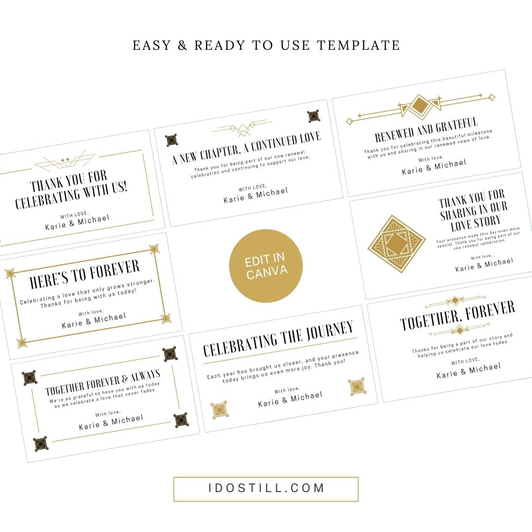 Art Deco Vow Renewal Favor Tags – Editable Canva Templates for a Stunning Celebration