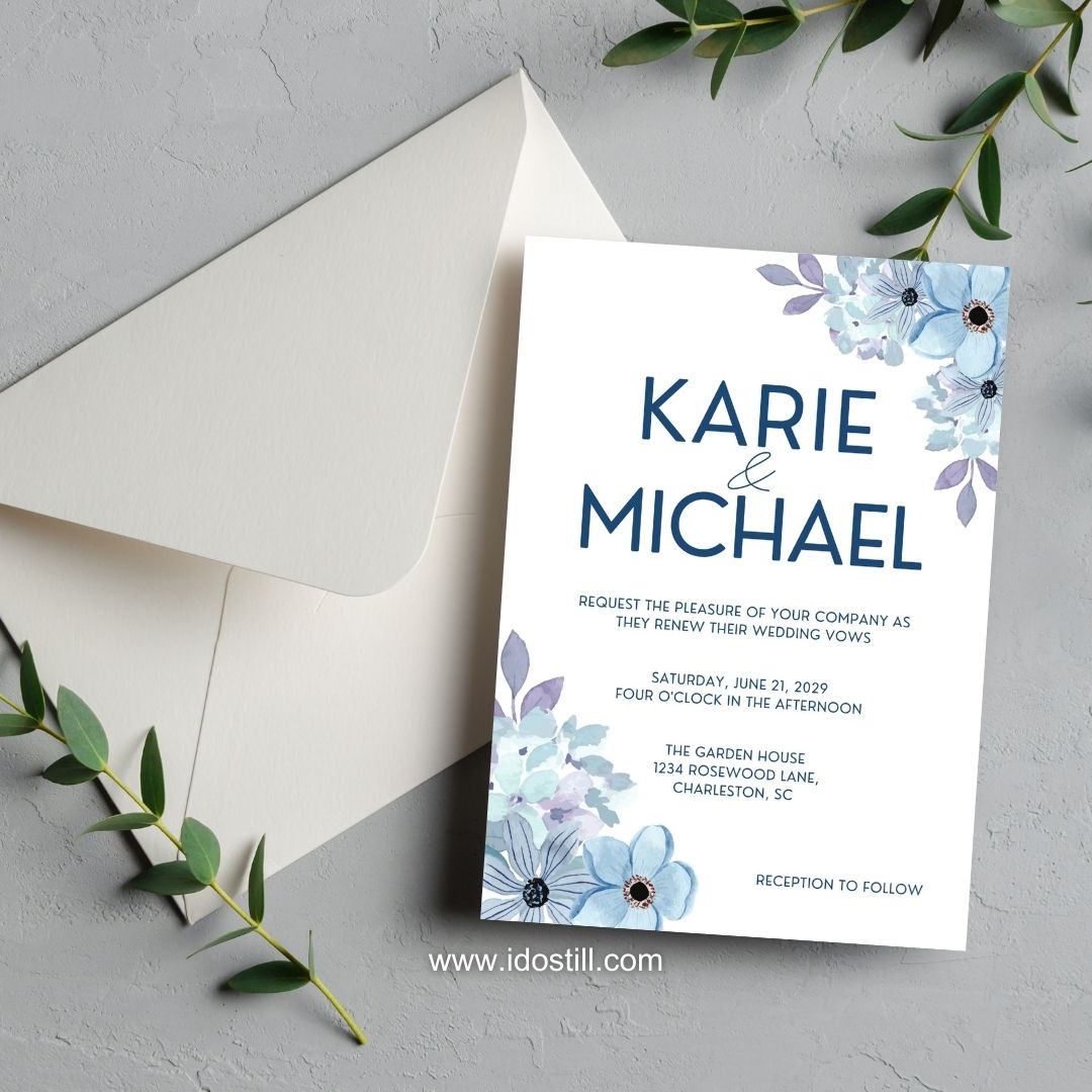 Blue Floral Watercolor Vow Renewal Invitation