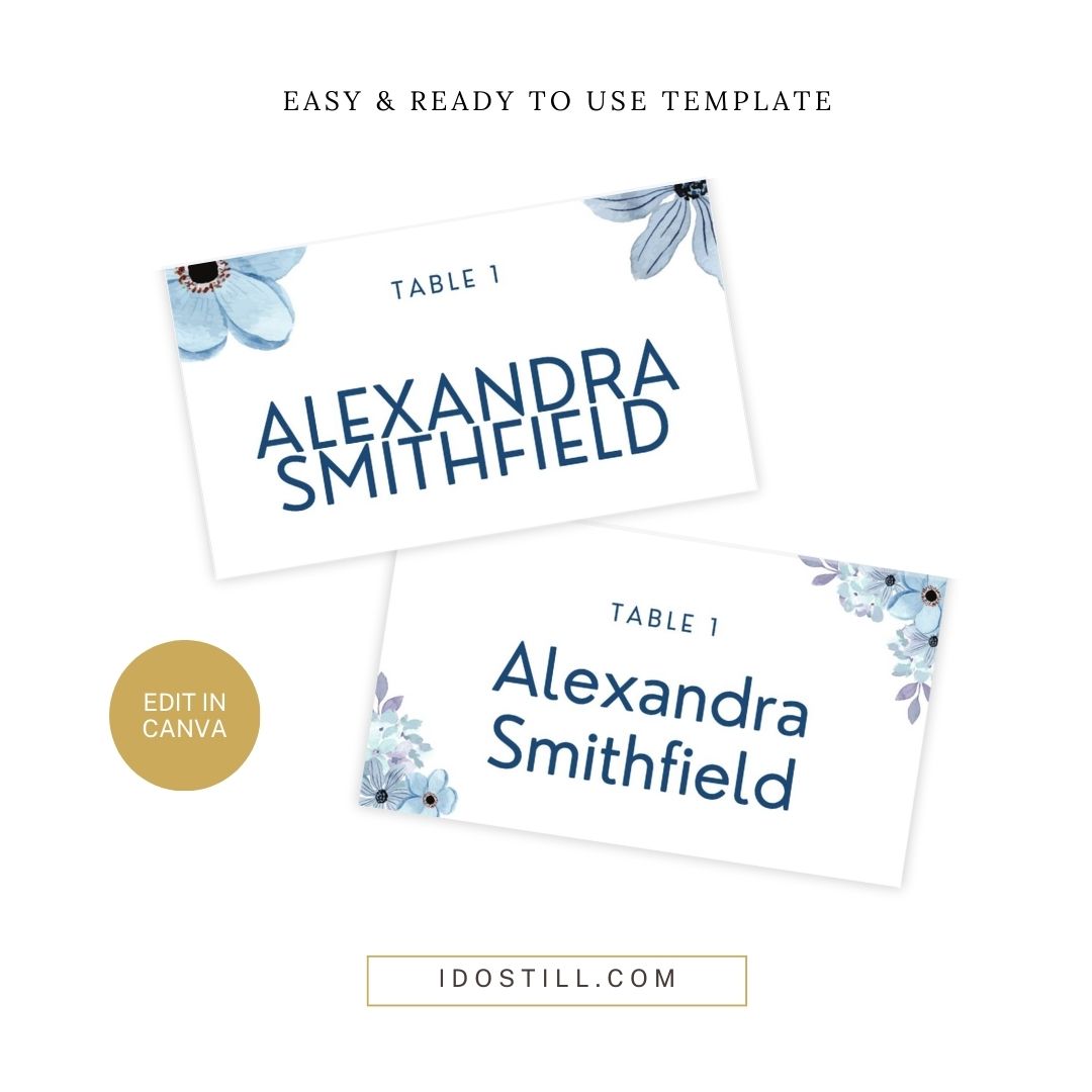 Blue Floral Watercolor Vow Renewal Placecard