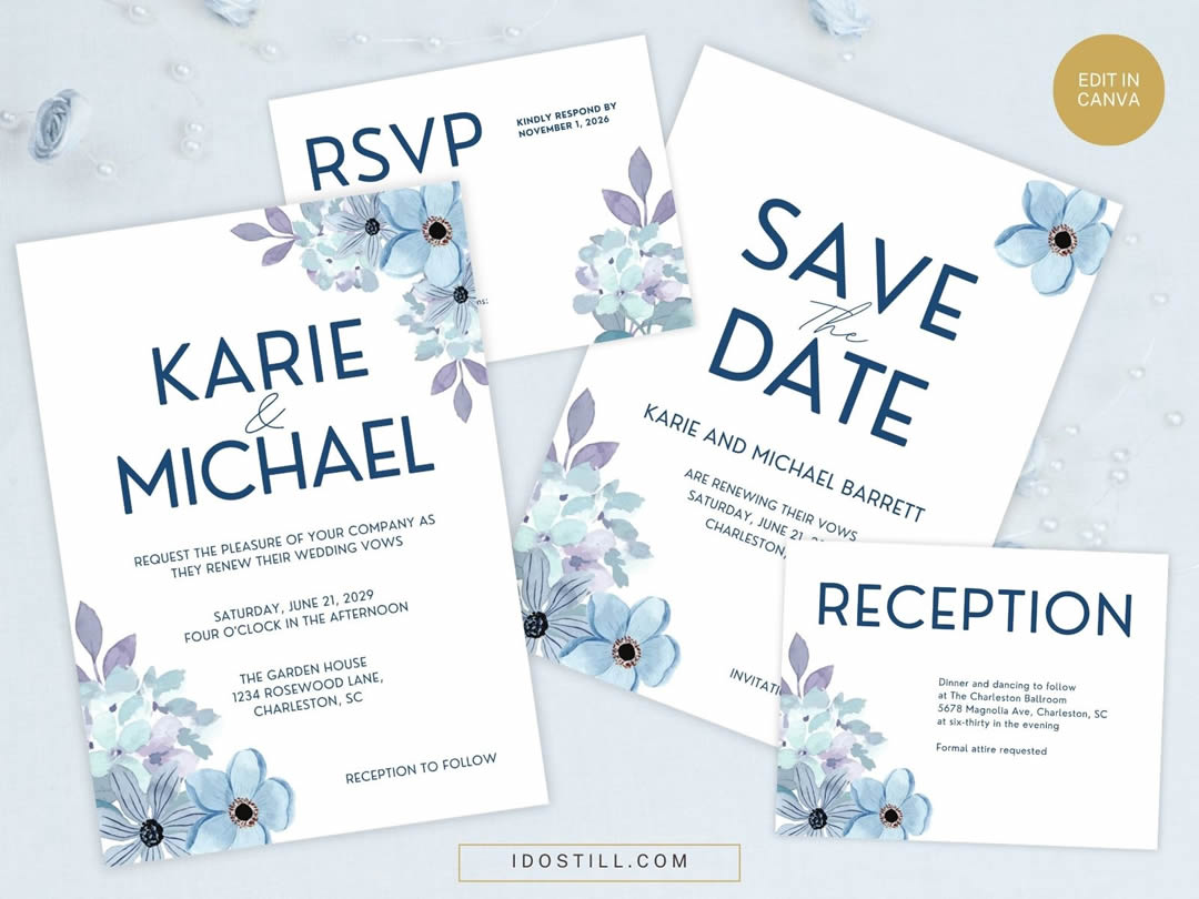 Blue Floral Watercolor Vow Renewal Suite