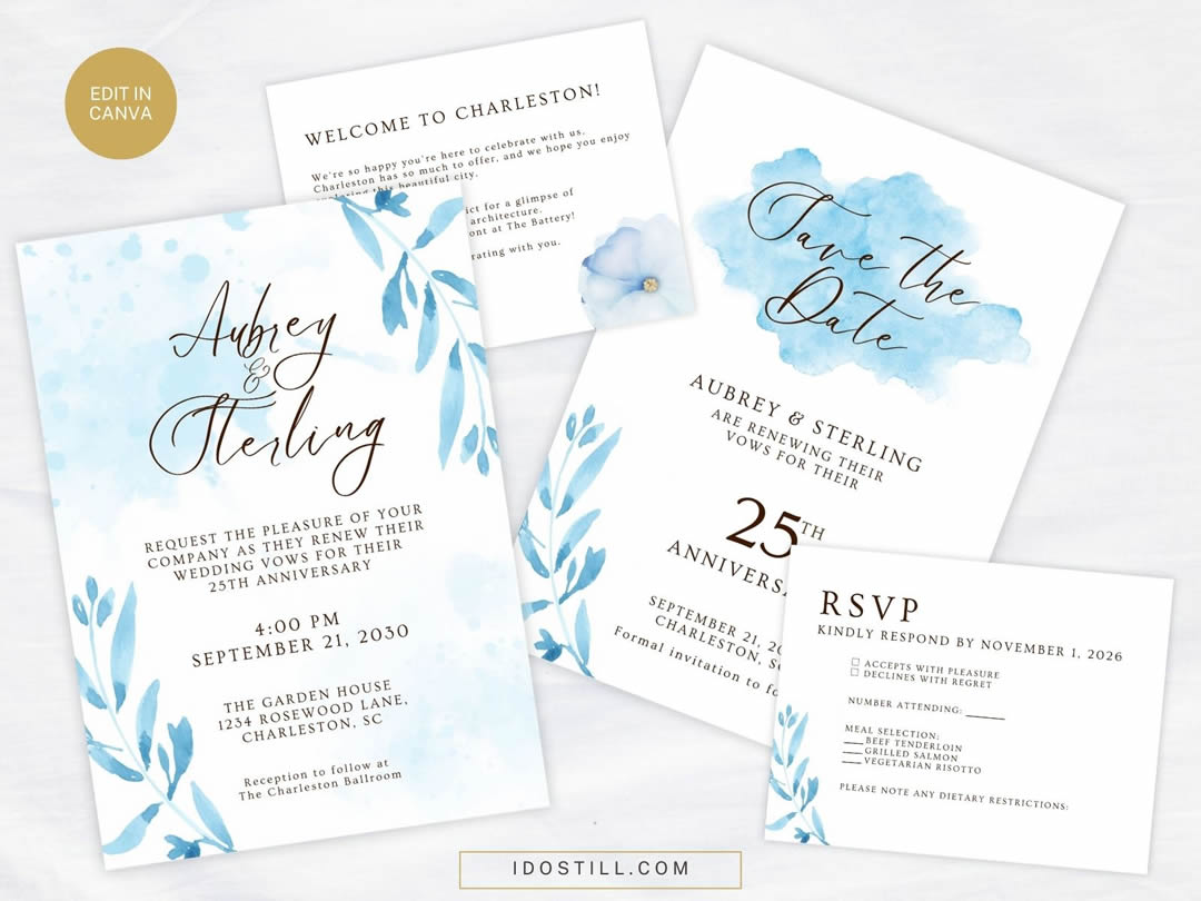 Blue Watercolor Floral Invitation Suite