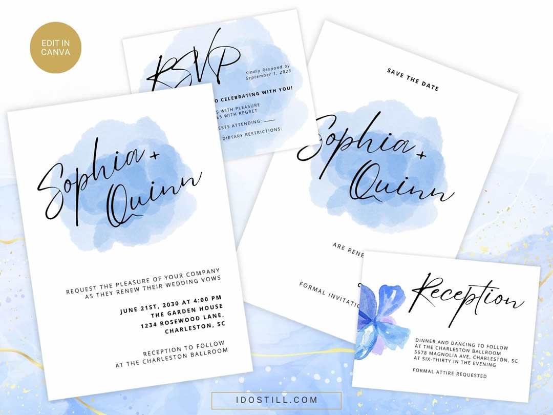 Blue Watercolor Vow Renewal Invitation Suite