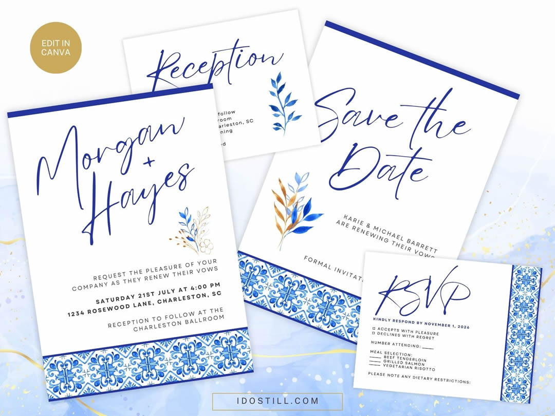Blue Tiles Vow Renewal Invitation Suite