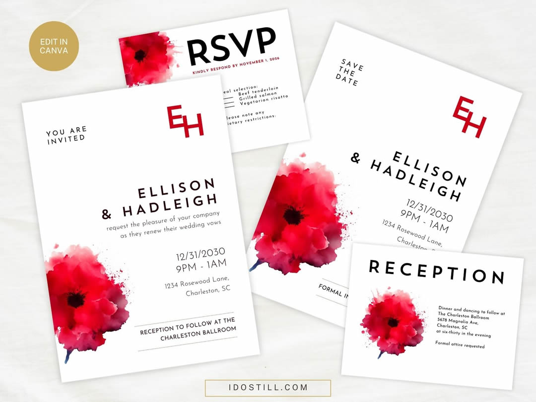 Modern Red Poppy Vow Renewal Invite Mini Suite