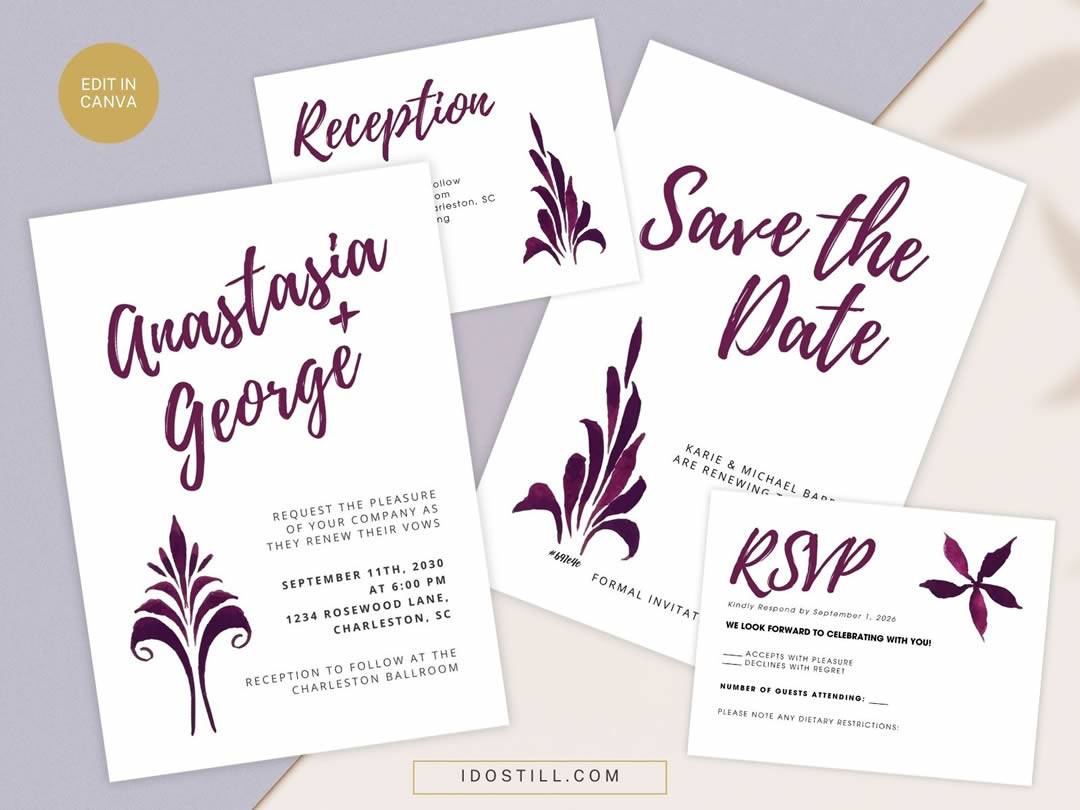 Plum Watercolor Fleur Vow Renewal Invite Mini Suite