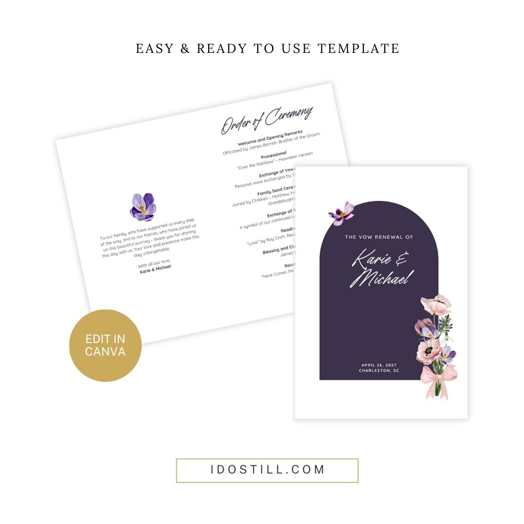 Pink Purple Watercolor Floral Vow Renewal Ceremony Program